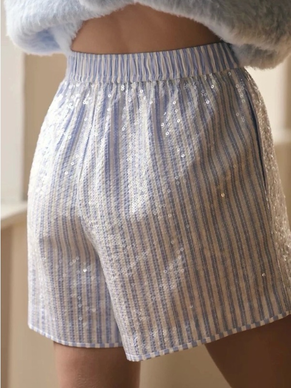 Anthropologie Blue and White Striped sequin boxer style shorts - Picture 4 of 7